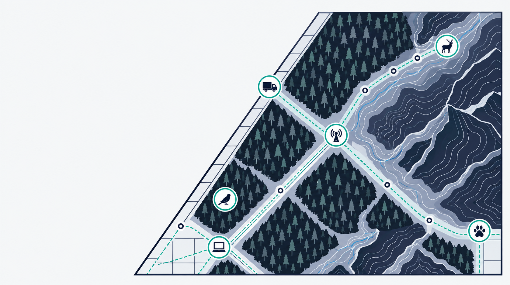 Illustrated map of forest, farmland and mountain terrain with wildlife monitoring stations linked by sensor routes